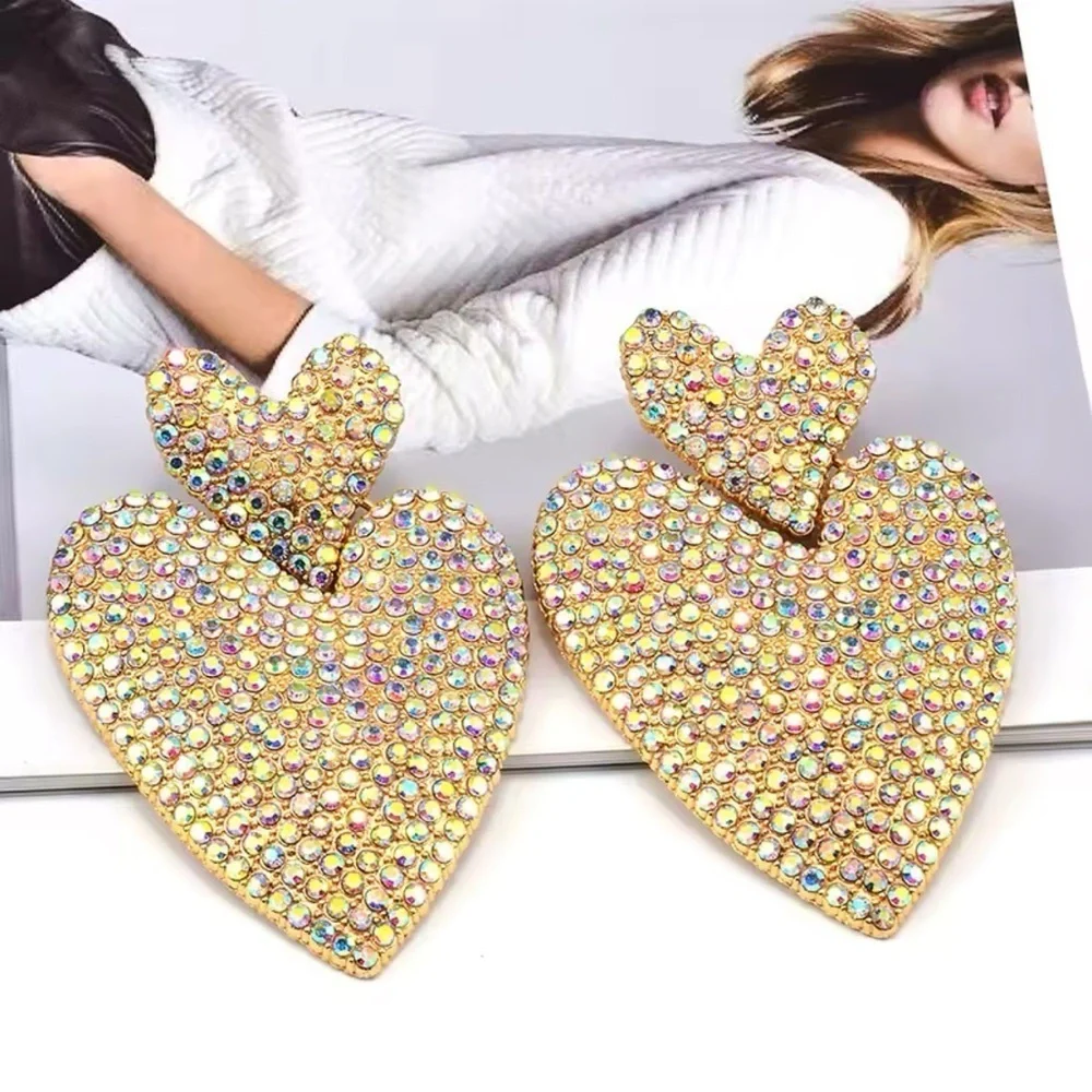 Statement Heart Earrings | Gold-Tone Rhinestone Drop Dangles